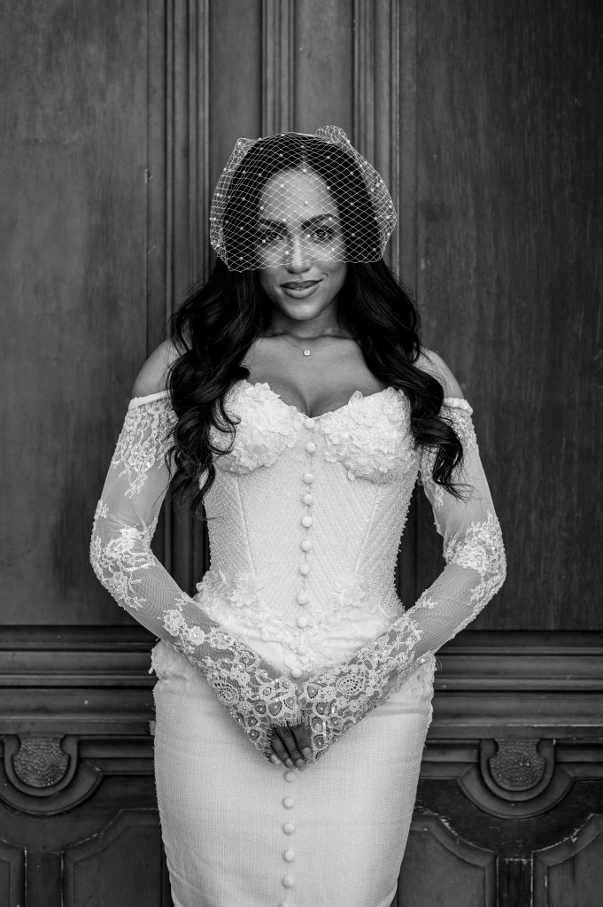 Black and White photo of a 2026 Bride by Sylvia Calmet destination wedding photographer
