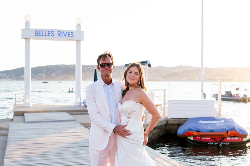 Smiling couple at an intimate destination wedding, Belles Rives, French Riviera by Sylvia Calmet destination wedding photographer