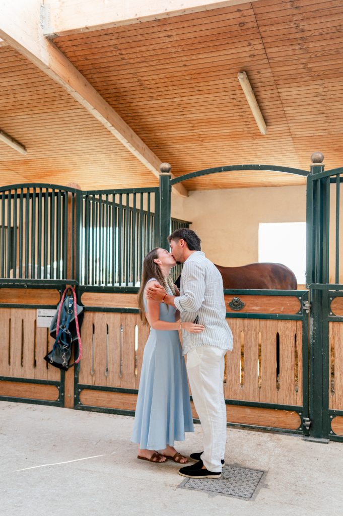 Couple kissing right after their proposal in provence