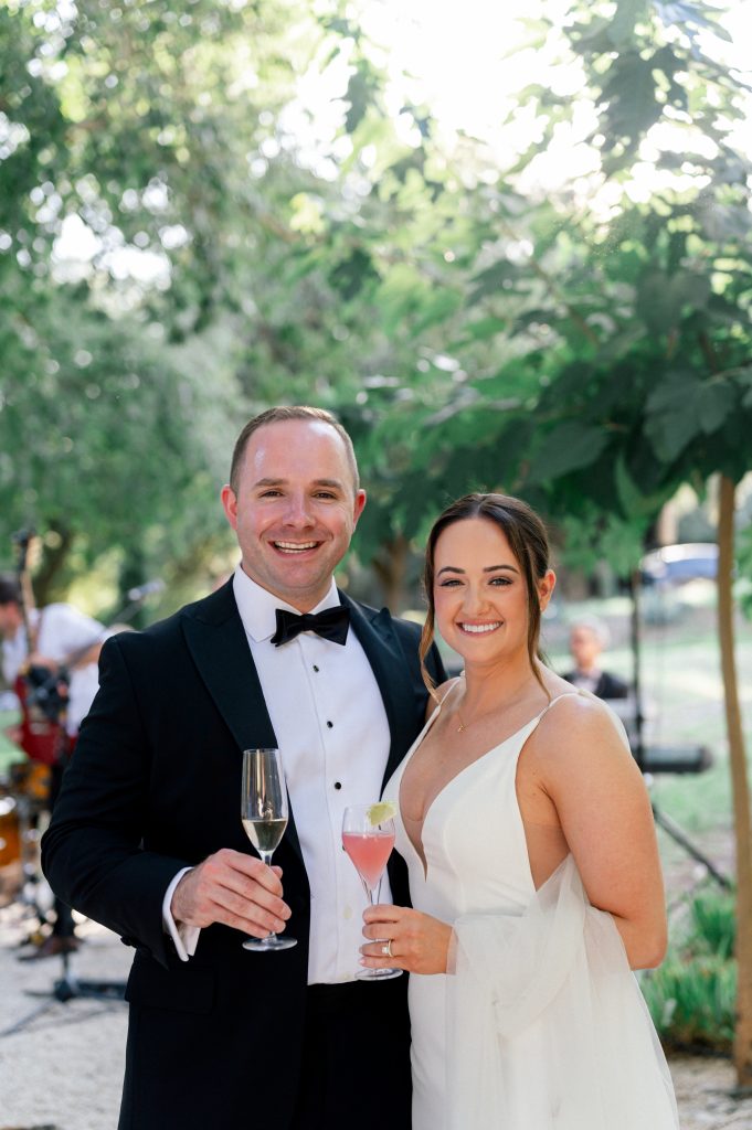 Bride and groom portrait at sunset and during their cocktail at La Devèze wedding venue