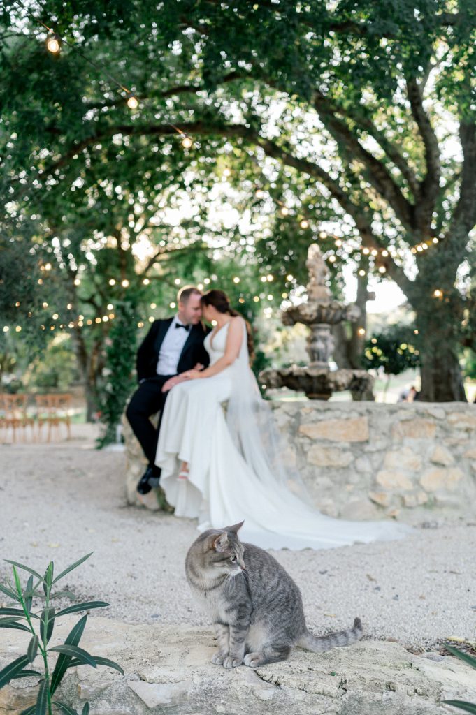 Bride and groom portrait at sunset, La Devèze wedding venue